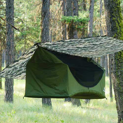 Haven Tent camo hanging in the trees